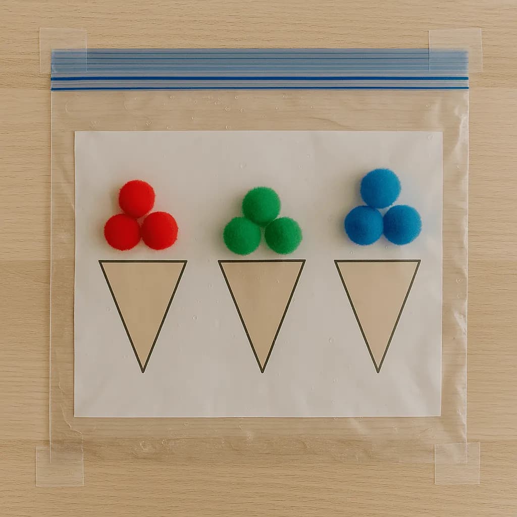 Toddler pushing coloured pom-poms through a sealed sensory bag into ice cream cone shapes