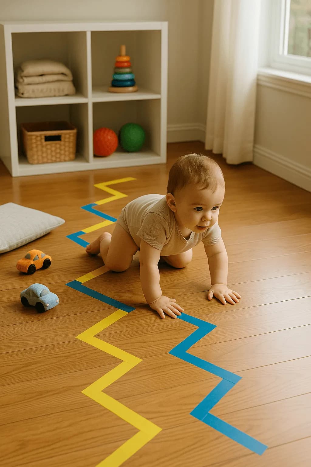 Toddler stepping along a wiggly tape path stuck to the floor